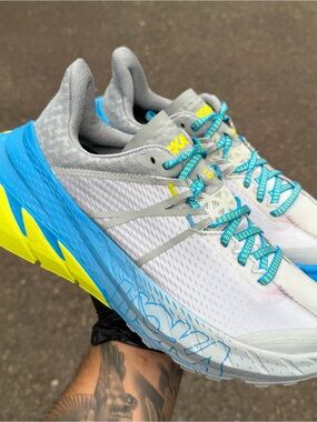 Hoka One One M Tennine Running Sneakers Gray Blue Yellow Women’s 8 / Men’s 7